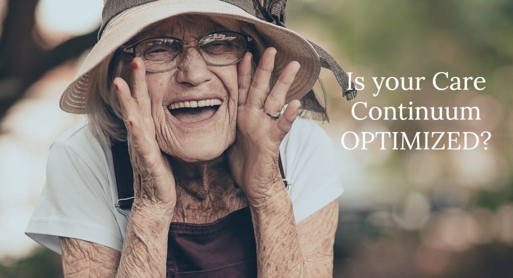 Happy older woman. Text: Is your care continuum optimized?